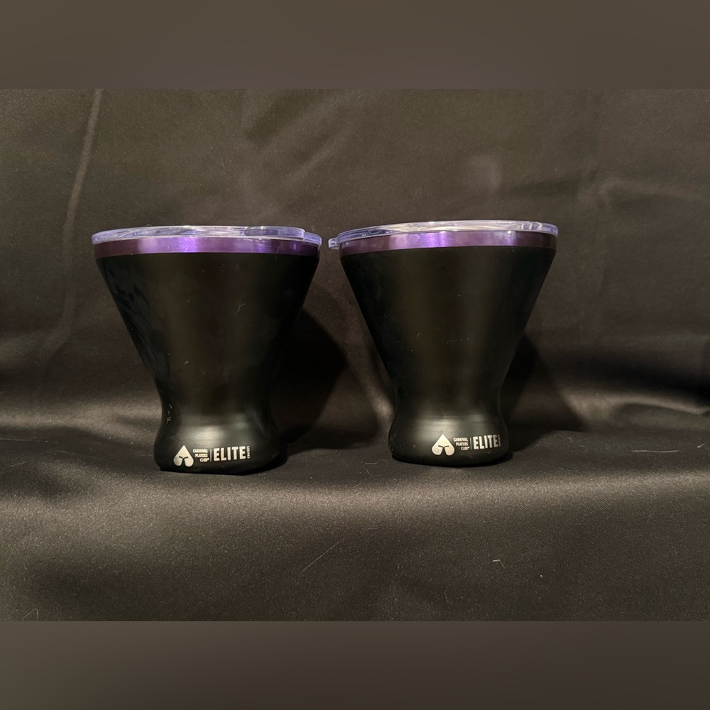 two black stainless steel martini glasses; Carnival Cruise ELITE Player Club